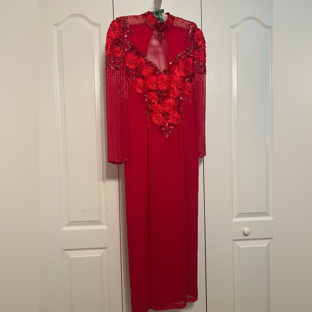 Gorgeous hand beaded formal silk gown with head to toe, beading and rhinestones.